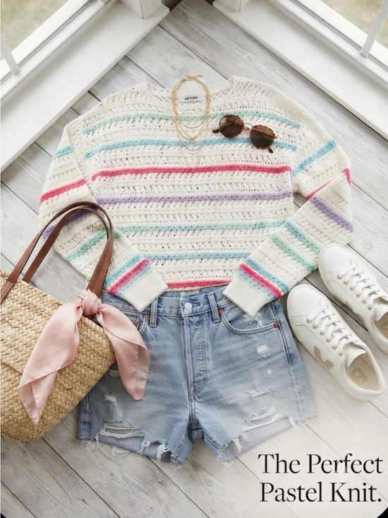Tops - Pastel Stripe Cream Knit Crewneck Sweater Rainbow